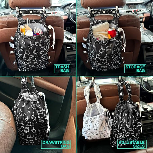 Leak-Proof Waterproof Car Trash Bag Foldable Multipurpose Trash bin Container Storage Cute Grocery Organizer Bag for Automotive Front or Back Seat in Cars SUVs and Trucks (Black Cats)