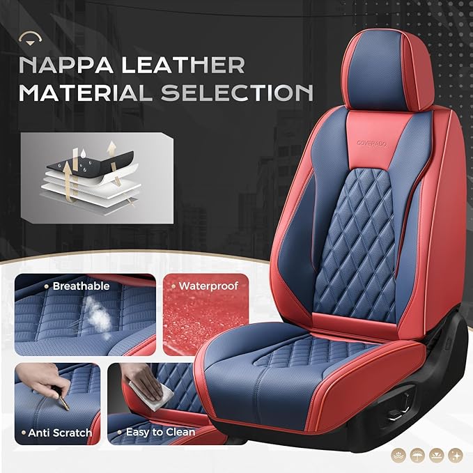 Coverado Seat Covers, Waterproof Car Seat Cover, Faux Leather Seat Covers for Cars, Universal Seat Covers Full Set, Carseat Cover Car Seat Protector Car Seat Cushion Fit for Most Cars - Red&Blue