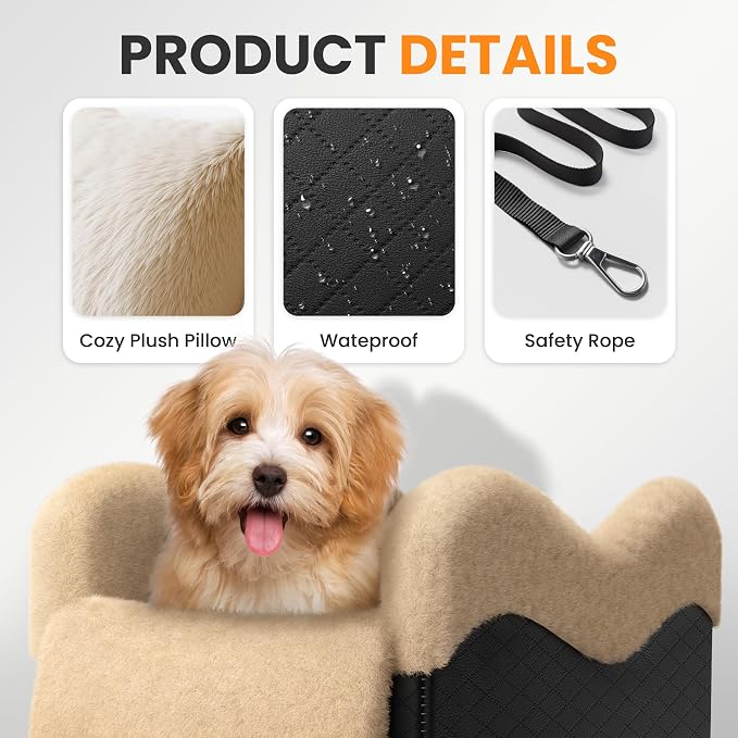 Portable Small Dog Seat for Car, Luxury Center Console Dog Car Seat Booster with Safety Tethers, Anti-Collapse Pet Travel Carseat for SUV, Truck (Black/Brown)