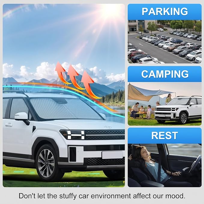 Custom Fit Windshield Sun Shade for Hyundai Santa Fe 2024-2026 | Custom Fit Windshield Cover, Blocks UV Rays, Double-Layer Heat Shield, Durable Frame, Easy Fold & Storage