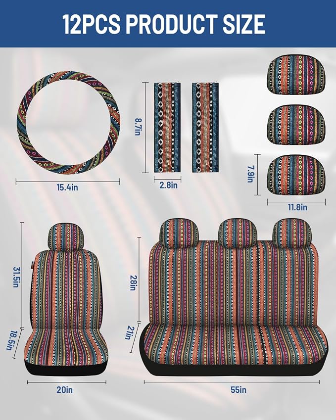 Baja Saddle Blanket Car Seat Covers Full Set with Seat Belt Pads and Steering Wheel Cover, Washable Breathable Striped Woven Cloth Seat Covers for Cars, SUV, Truck, Large Size(Orange)
