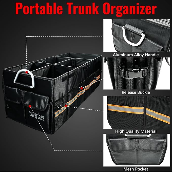 Car Trunk Organizer with Cooler Bag, 90L Portable Trunk Cargo Organizer for SUV Truck Sedan, 3 Compartments Collapsible Car Storage Box with Lid, 4 Removable Dividers