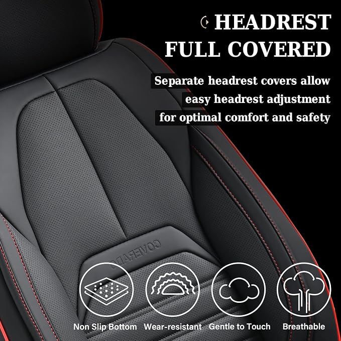 Coverado Car Seat Covers Front Seats, Automotive Seat Covers, Waterproof Nappa Leather Car Seat Cover, Car Seat Cushion, Black Redline Seat Covers Carseat Cover Universal Fit for Most Cars