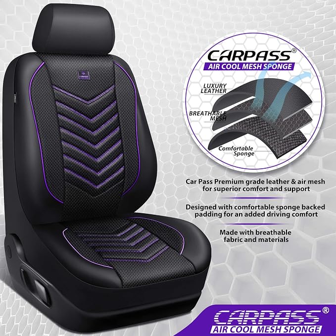 CAR PASS 3D Foam Mesh Leather Car Seat Covers Front Seats, Breathable Front Seat Cover for Cars, Comfortable Universal Fit for SUV Truck Sedan Automotive Anti-Slip Airbag Compatible, Black and Purple