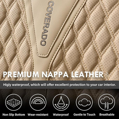 Coverado Car Seat Covers Full Set, Waterproof Nappa Leather Seat Covers for Cars, Front and Back Car Seat Protector, Luxury Car Seat Covers, 5 Seats Universal Beige Car Seat Cover Fit for Most Cars