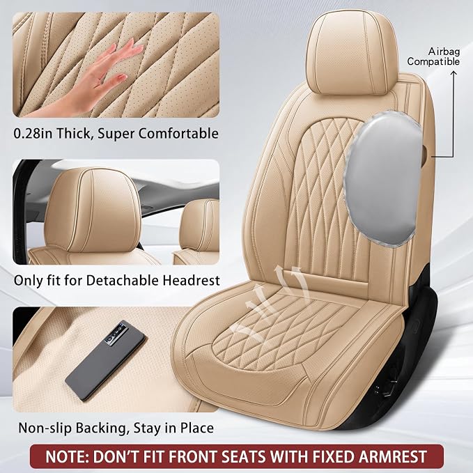 WELLDO Nappa Faux Leather Car Seat Covers Full Set, 5Seats,Beige | Waterproof, Non-Slip Seat Protector, 0.28in Thickened Cushion, Airbag Compatible, Universal for Cars SUV Truck Pickup