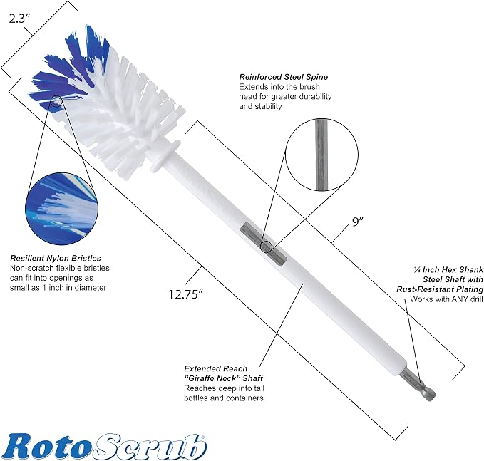 RotoScrub Bottle Brush - Drill Accessory - Clean Water Bottles, Coffee Mugs, Cups, Pots, Glasses, Jars, Blenders & Pitchers