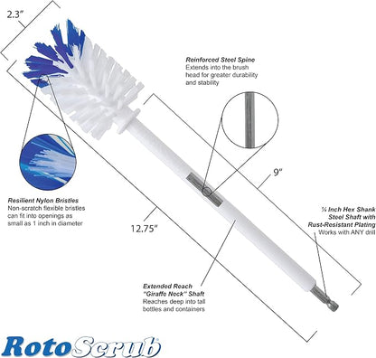 RotoScrub Bottle Brush - Drill Accessory - Clean Water Bottles, Coffee Mugs, Cups, Pots, Glasses, Jars, Blenders & Pitchers