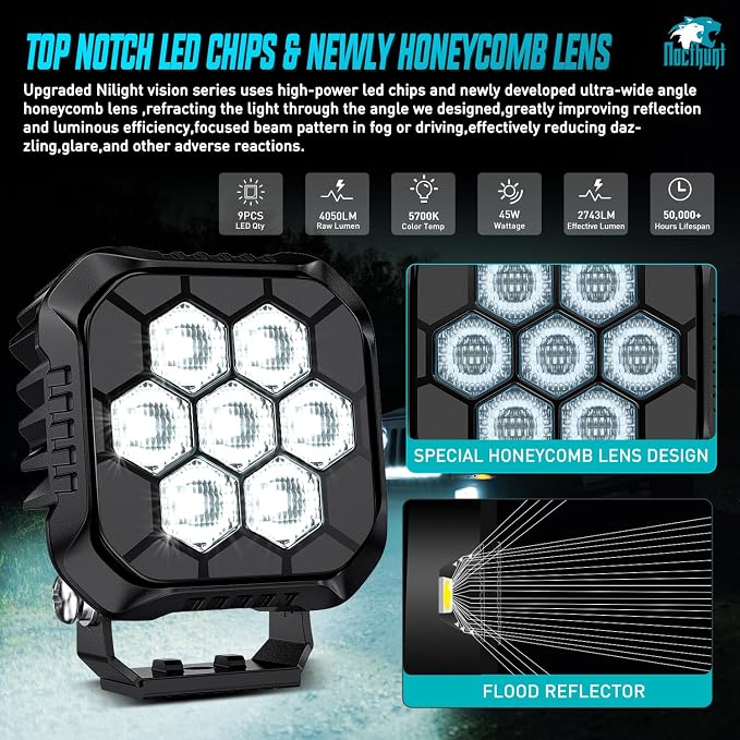 Nilight LED Pod Light 2 PCS 3.8 Inch 45 W 9 LED Square Hyper Flood Beam Offroad Driving Lights w/16 AWG Rocker Switch Wiring Harness Kit for Truck Motorbike Boat ATV UTV