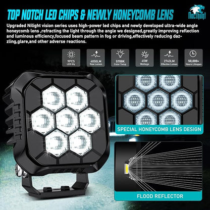 Nilight LED Pod Light 2 PCS 3.8 Inch 45 W 9 LED Square Hyper Flood Beam Offroad Driving Lights w/16 AWG Rocker Switch Wiring Harness Kit for Truck Motorbike Boat ATV UTV