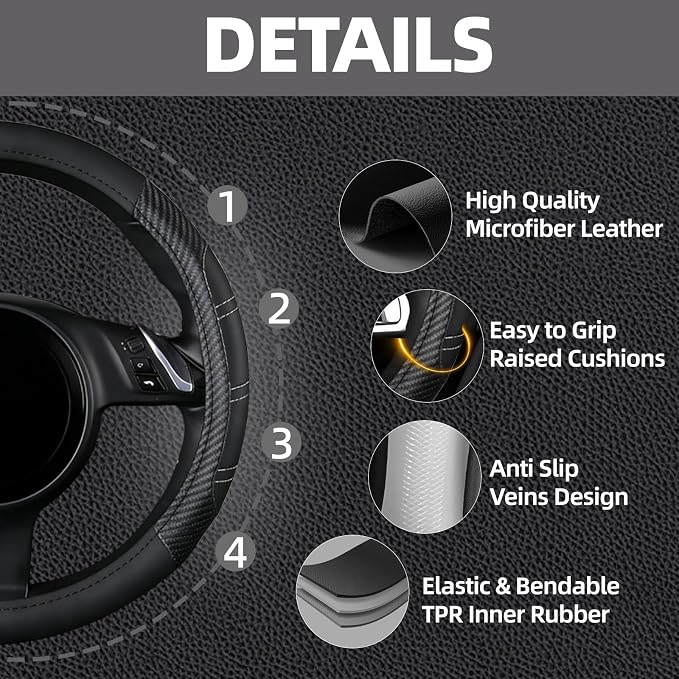 NBTEPEM 10 Pcs Car Floor Mats Full Set & Sport Leather Steering Wheel Cover 14.5-15 inch, Center Console Cover, Seat Belt Cushion, Cup Holder Coaster, Universal Automobile Interior Sets (Black)