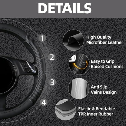 NBTEPEM 10 Pcs Car Floor Mats Full Set & Sport Leather Steering Wheel Cover 14.5-15 inch, Center Console Cover, Seat Belt Cushion, Cup Holder Coaster, Universal Automobile Interior Sets (Black)