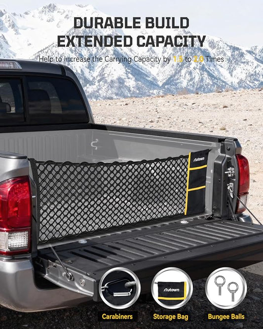 AUTOWN Truck Bed Cargo Net, Envelope Style Bed Netting for 2005-2025 Toyota Tacoma, Pickup Truck Bed Organizer with Upgraded 5mm Bungee & Integrated Storage Bag & Eyebolts & Carabiners