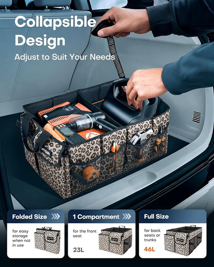 HOTOR Trunk Organizer - Car Organizer, Foldable Trunk organizer for SUVs & Sedans, Sturdy Car Organization for Car Accessories, Tools, Sundries, Brown Leopard, 2 Compartments, 21.3"×12.6"×10.6"