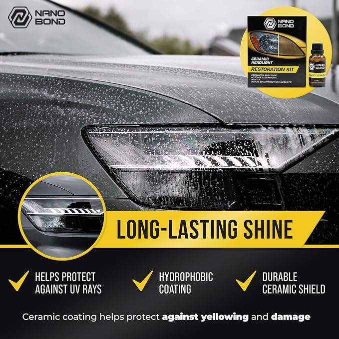 Nano Bond Ceramic Headlight Restoration Kit - No Power Tools Needed, Self-Leveling Headlight Clear Coat, 3 Easy Steps, Removes Oxidation from Foggy Plastic Lenses, 30ml Bottle