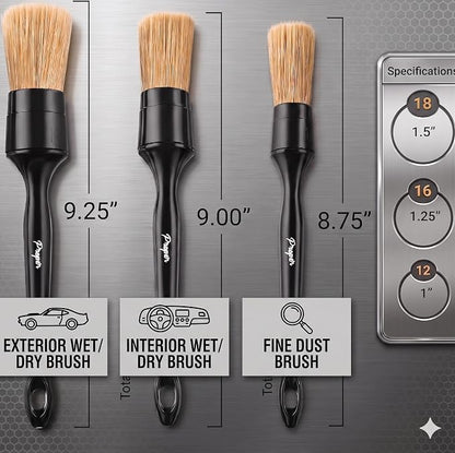 Premium Car Detailing Brush Set - Professional 3 Pack Kit Detail Brushes with Soft Boars Hair Bristles for Auto Interior & Exterior - for Cleaning Leather Seats, Air Vents, Wheels & Emblems
