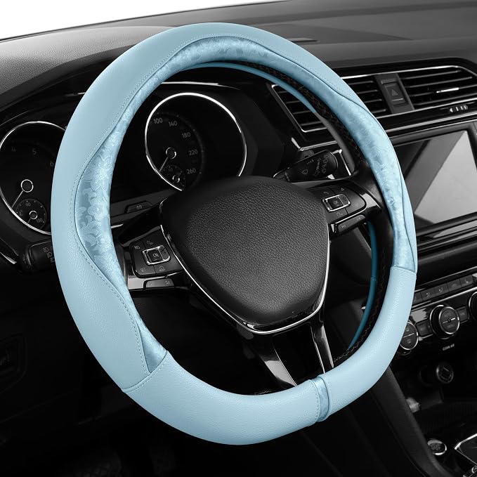 PIC AUTO Steering Wheel Cover, Light Blue Patterned Leather Patchwork Design, Universal Fit 14.5"–15.5" D-Shape Steering Cover, Soft PU Grain Leather, Durable Grip Car Accessory for Girls & Women