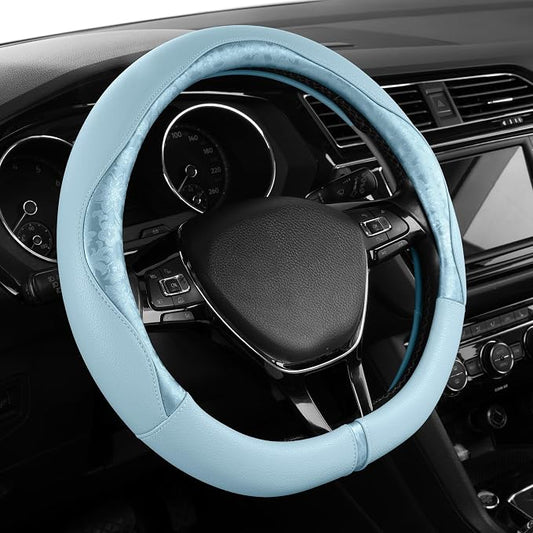 PIC AUTO Steering Wheel Cover, Light Blue Patterned Leather Patchwork Design, Universal Fit 14.5"–15.5" D-Shape Steering Cover, Soft PU Grain Leather, Durable Grip Car Accessory for Girls & Women