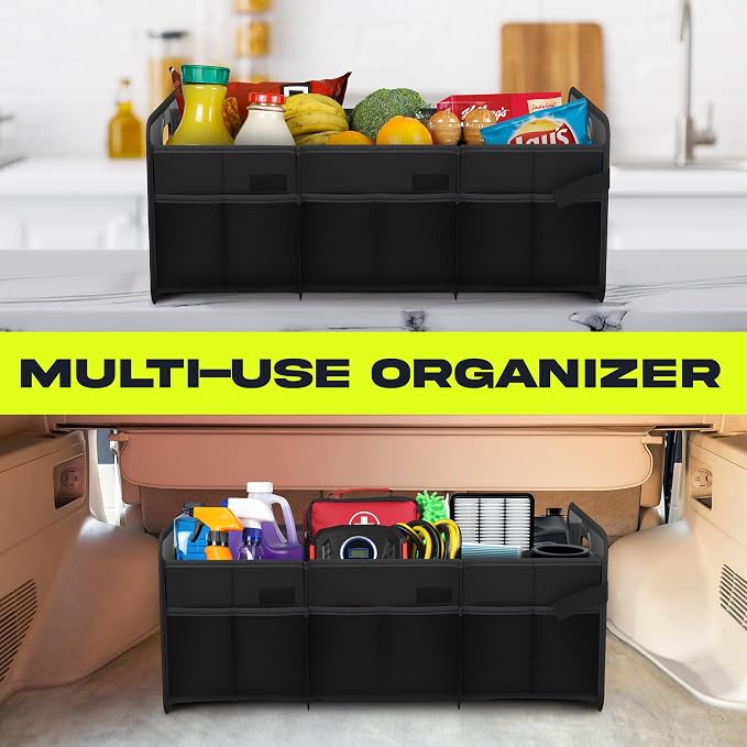 FORTEM Car Trunk Organizer, Collapsible Two Compartment Organizer, Foldable SUV & Truck Storage for Car Accessories for Women Men, Non Slip Bottom, Sturdy Side Walls, Strong Handles, 75L