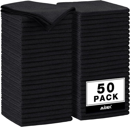 AIDEA Microfiber Cleaning Cloth Black 50PK, Microfiber Towels for Cars, Premium Car Cloths, Dusting Cloth Lint Free Cleaning Rags for SUVs, House, Kitchen, Window, Workshops,11.5×11.5"