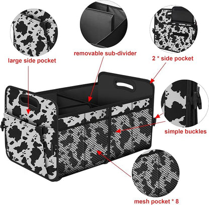 Femuar Car Trunk Organizer,Car Storage Organizer with 72L Large Capacity Waterproof Collapsible and 11 Pockets,Trunk Organizer for Car Suv/Jeep/Sedan, Large Size, Cow print