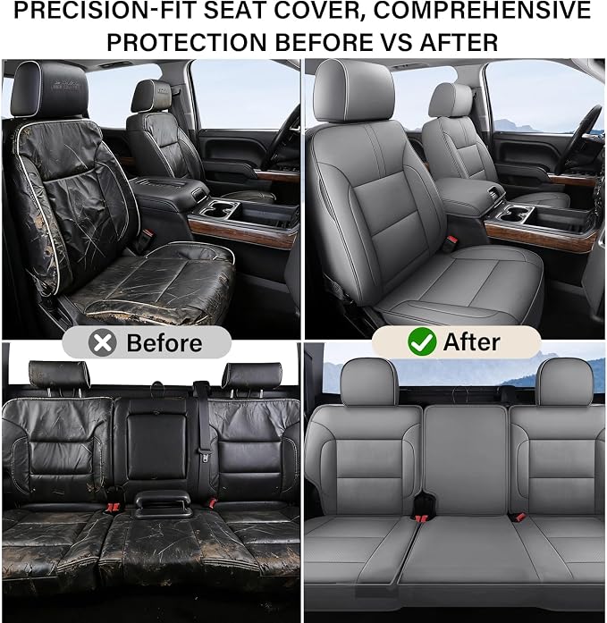 Coverado Silverado Seat Covers Full Set, Faux Leather Car Seat Covers Fit for Chevy Silverado GMC Sierra 2007-2013 & 2019-2026 1500, 2020-2026 2500HD 3500HD Crew Double Extended Cab(Gray)