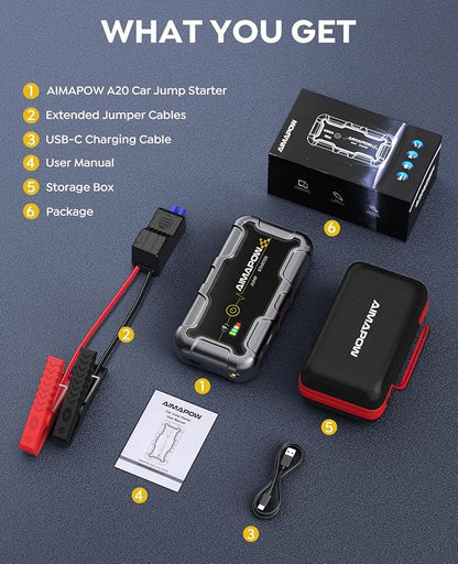 AIMAPOW Portable Car Battery Jump Starter 8000A 20000mAh Jump Box, Car Jumper Starter Portable Jumper Cables for car(AllL Gas/10L Diesel), Fast Charge, Lights, Compact