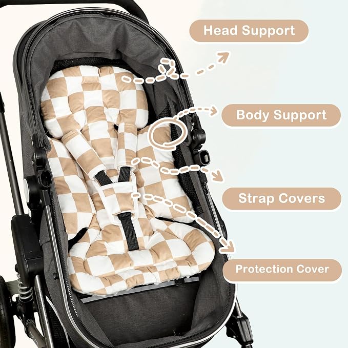 DILIMI Infant Car Seat Insert, Baby Car Seat Head Support with 3 Strap Paddings, Soft Newborn Car Seat Cushion for Stroller, Swing, Bouncers, Brown Checkered