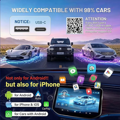 UFO-Shaped Wireless CarPlay Adapter, Plug-and-Play converts Original Wired CarPlay to Wireless. Compatible with iPhone and Android Phones, Equipped with Cool Light Strip, Stable and Durable.