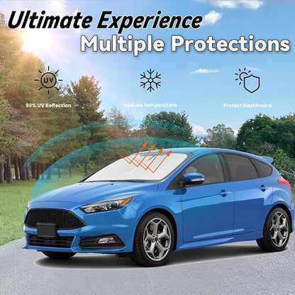 Windshield Sun Shade for 2012-2018 Ford Focus, Car Front Window Sunshade with 240T Sun Visor Protector Blocks UV Rays Heat Sun Shield Accessories