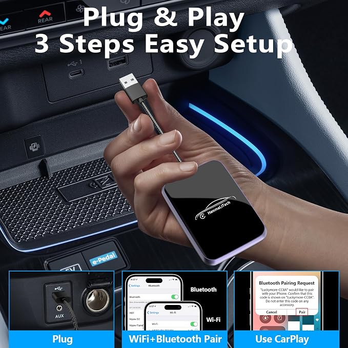 Wireless CarPlay Adapter for Apple iPhone | Mini USB Design for Convert Wired to Wireless Car Play Adapter - No Latency from iOS 10+ to Screen w/USB C (Light Purple)