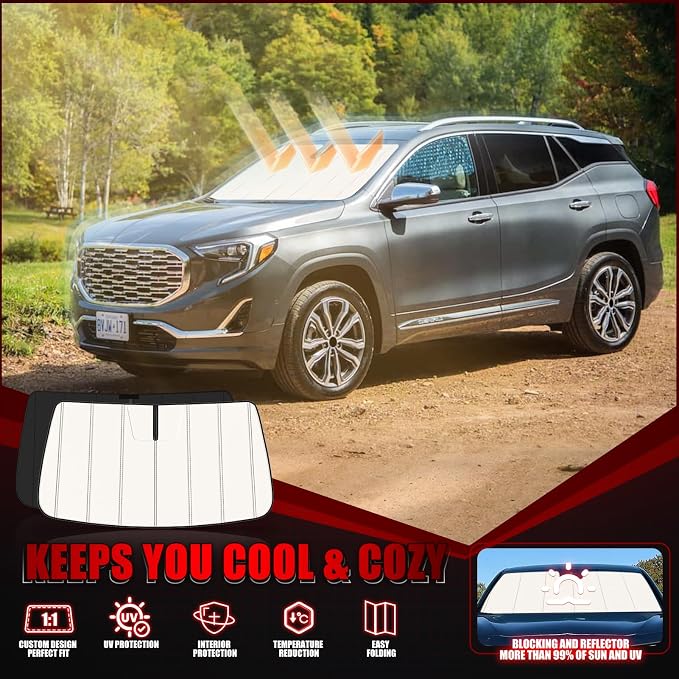 Windshield Sun Shade for GMC Terrain 2018-2025 2026, Front Window Visor Accessories, Folding Design Blocks Heat & UV Rays Maintain Cool Interior and Save Space