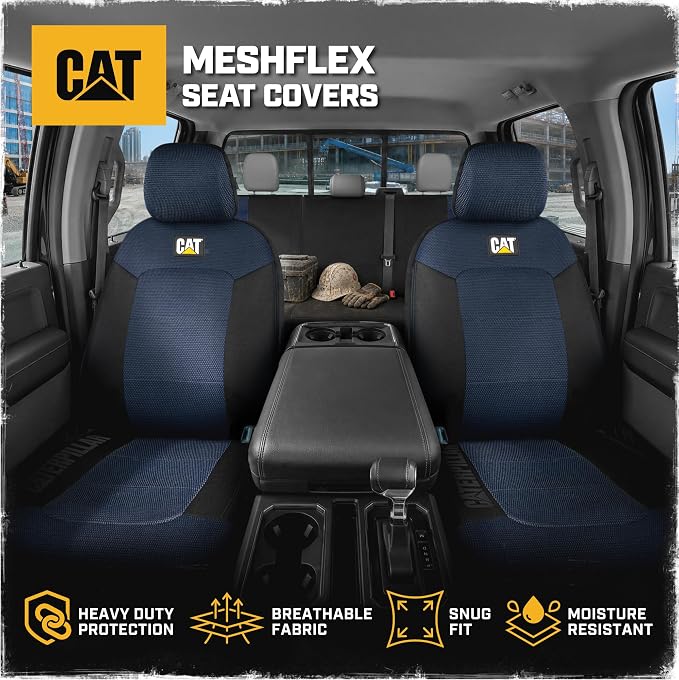 CAT MeshFlex Seat Covers Full Set for Full-Size Pickup Trucks Only - Blue | Front Bucket Seat Covers & 60/40 Split Rear Bench Protector – Interior Accessories For F-150, Silverado, Ram, Sierra & Tundra