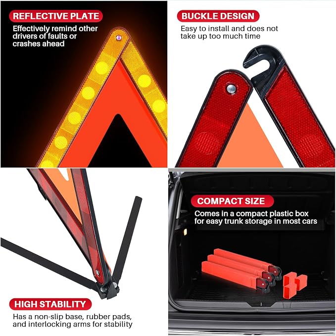 MAOPINER 3 Pack Emergency Warning Triangles, Roadside Safety Triangle with Reinforced Base and Carrying Case, Foldable Reflective Warning Triangles for Roadside Safety and Emergency Use