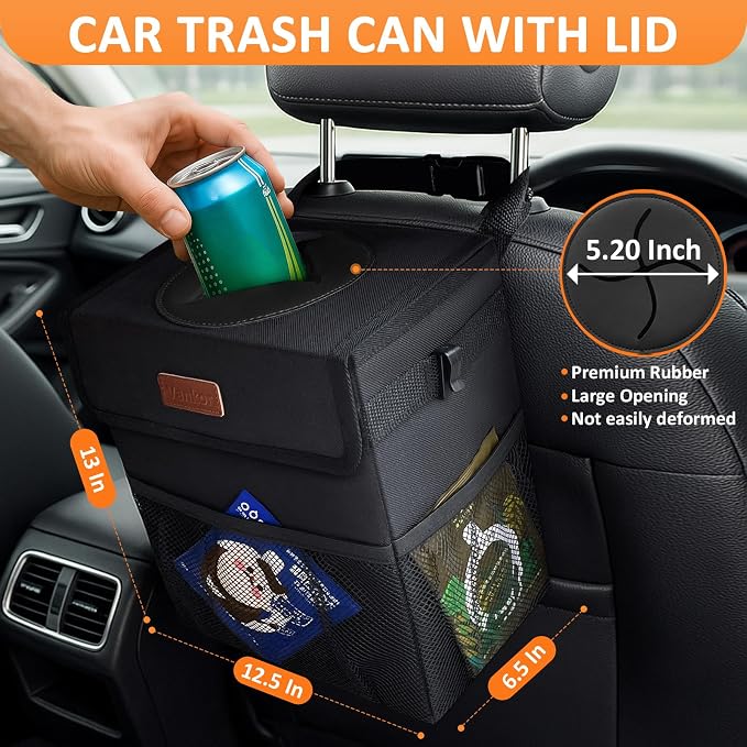 Vankor 4.2 Gallons Car Trash Can with Lid, Bag Bin Hanging Waterproof Automotive Car Garbage Cans Leak Proof Vehicle Trash Can for Truck SUV,Black