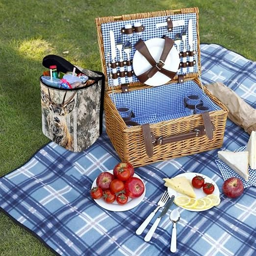 Talayituse Hunting Camo Elk American Flag Print Car Trash Can with Lid, Leak Proof Auto Trash Bag Hanging Vehicle Garbage Can Multipurpose Storage Container for Back Seat Road Trip