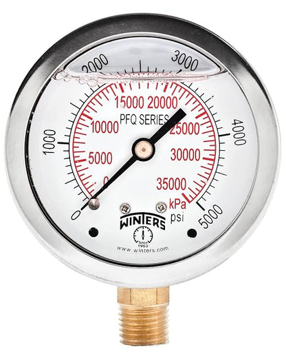Winters 2-1/2" Dial Size, Liquid Filled Industrial Pressure Gauge, Brass Internals, Stainless Steel Case, Dual Scale 0-5,000 psi/kPa, 1.5% Acc, 1/4" NPT Bottom Mount, Glycerin Filled Pressure Gauge