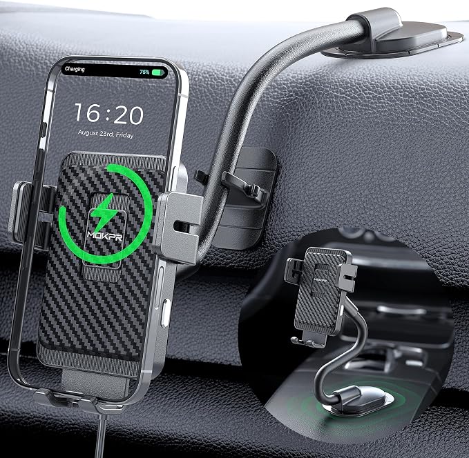 MOKPR Wireless Car Charger, Adjustable Gooseneck Car Mount Auto-Clamping Car Charger, Dashboard [with Anti Shake stabilizer] Phone Holder fit for iPhone 17 16 15 14 13 12, Samsung S24 S23 S22, etc