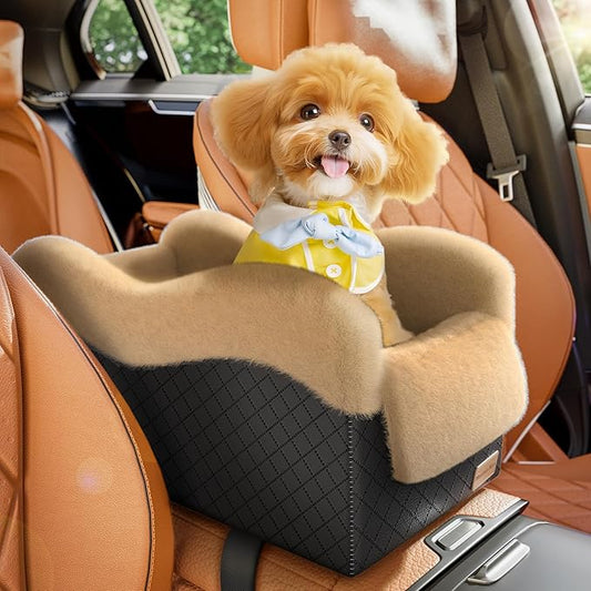 Portable Small Dog Seat for Car, Luxury Center Console Dog Car Seat Booster with Safety Tethers, Anti-Collapse Pet Travel Carseat for SUV, Truck (Black/Brown)