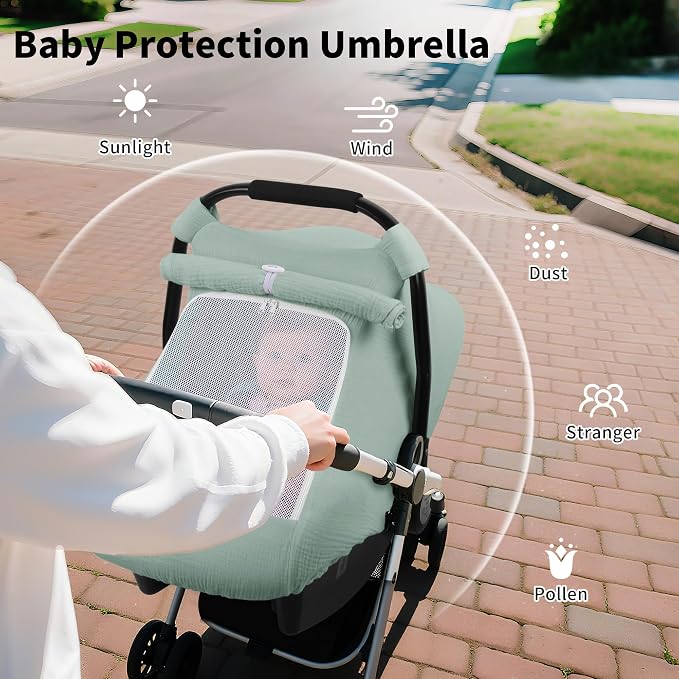 Rquite Car Seat Cover Baby, Carseat Covers Girl Boy, Breathable Muslin Cotton, Large Mesh Window, Infant Car Seat Canopy Baby Carrier Cover Stroller Sun Shade for Summer & Hot Day, Green