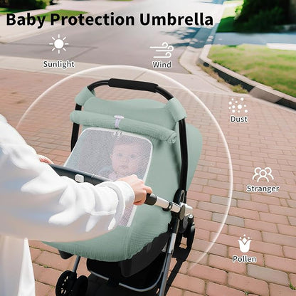 Rquite Car Seat Cover Baby, Carseat Covers Girl Boy, Breathable Muslin Cotton, Large Mesh Window, Infant Car Seat Canopy Baby Carrier Cover Stroller Sun Shade for Summer & Hot Day, Green