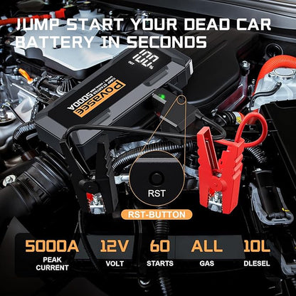 5000A Jump Starter | Povasee A40 Car Battery Jump Starter, 12V Portable Power Pack for All Gas & 10L Diesel Engines, with 3" LCD Display, Dual USB Output & Multi-Mode LED Light