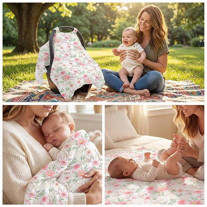 Baby Car Seat Cover - 100% Muslin Cotton Universal Breathable Canopies for Boys and Girls Soft Spring Summer Car Seat Cover Lightweight Infant Car Seat Canopy - Pink Floral