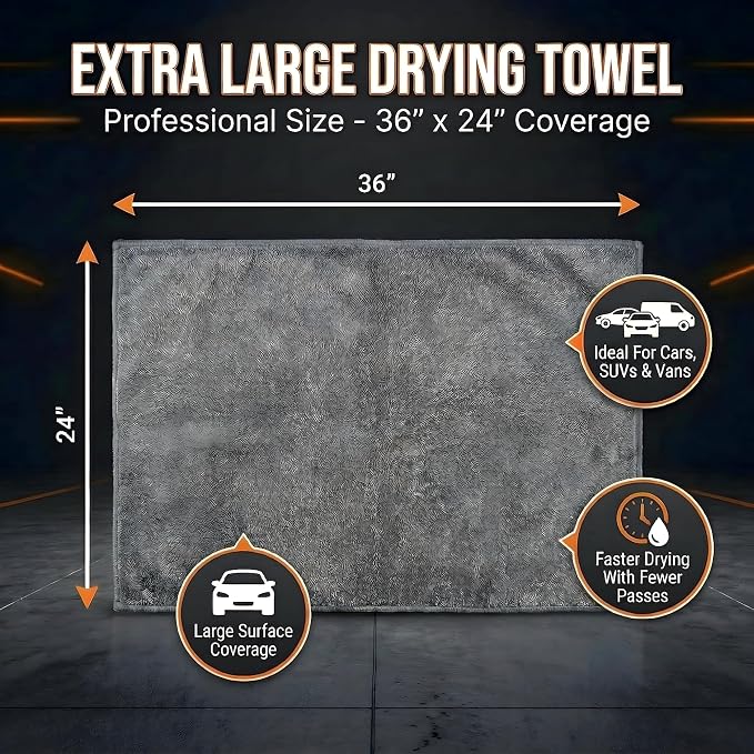 Car Drying Towel Extra Large 36" x 24" 1400 GSM Twisted Loop Microfibre - Charcoal Drying Towel Car Detailing, Double-Sided Edgeless Design, Super Absorbent, Durable Machine Washable and Lint-Free