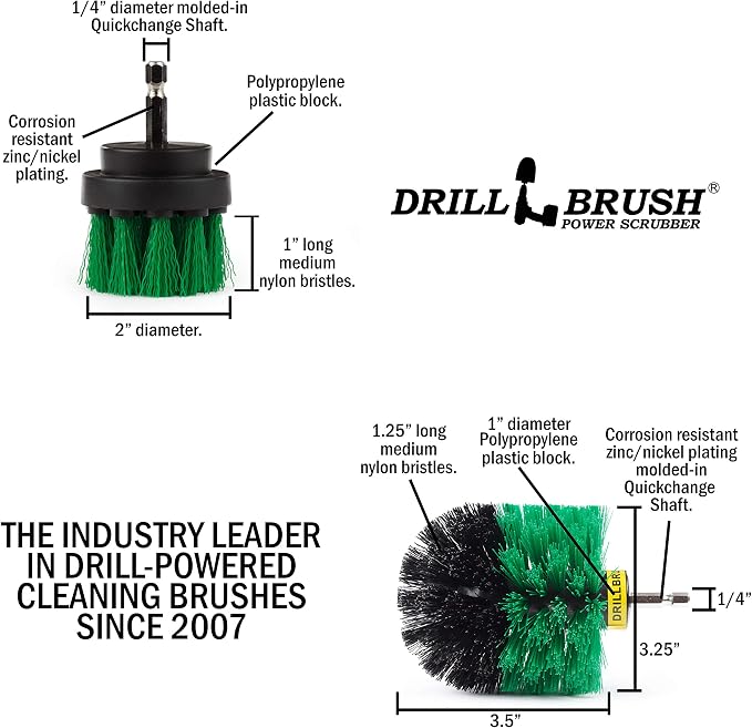 2 Piece Green Medium Stiffness Drill Rotary Cleaning Drillbrushes for Cleaning Kitchen, Cabinet, Counter, Linoleum, and General Purpose Scrubbing by Drillbrush