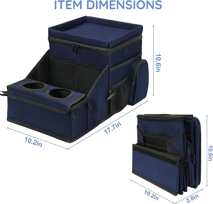 Car Hop Front Seat Organizer with Cup Holder, Movable Divider & Side Pockets, Passenger Seat Storage Caddy for Road Trip, Travel, Work or Kids, Blue