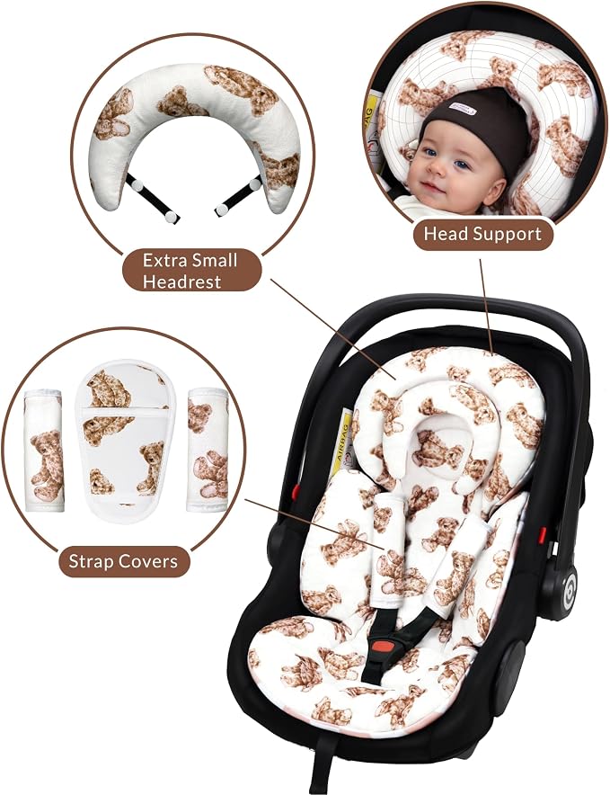 Tinlyfinly Infant Car Seat Insert with Removable Cushion for Preemie to Toddler, Reversible Newborn Carseat Insert for Baby Head Body Support, Fits for Stroller, Baby Swing, Bouncer (Teddy Bear)