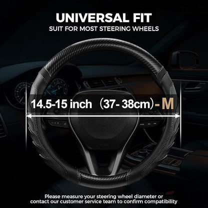 West Llama Carbon Fiber Leather Steering Wheel Cover with Anti-Slip Grip, 3D Textured Design, 14.5-15 Inch Car Steering Wheel Cover, Durable Interior Accessory（Standard Size-Black