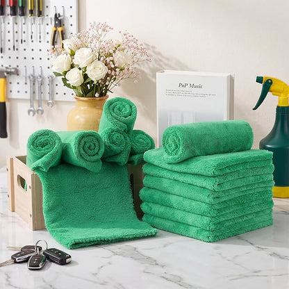 Shimeyao 30 Pcs 16 x 16 Inch Edgeless Microfiber Plush Towels for Cars Detailing Drying Wash Polishing Absorbent Cleaning Cloths, 500 GSM (Grass Green)