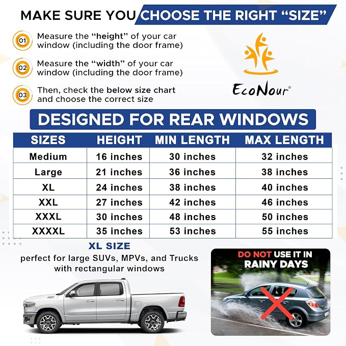 EcoNour Car Side Window Sun Shade (Pack of 2) | Stretchable & Breathable Car Window Screens for Complete Sun & Privacy Protection | Fits Most Truck, SUV and Minivan (XL 24" x 38")